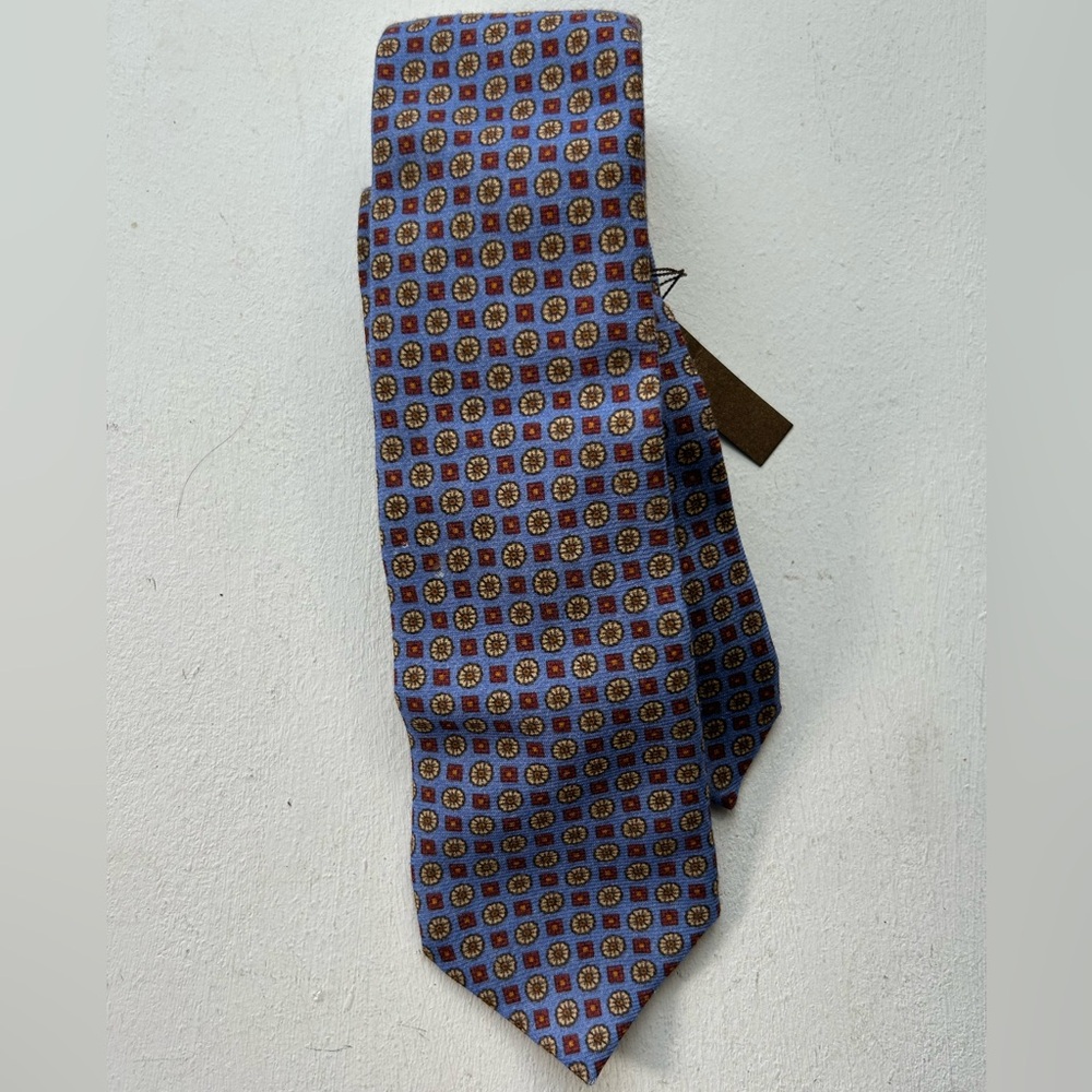 Peter Millar Blue 100% Wool Medallion Tie Brown Accents Made in Italy NWT